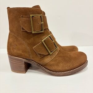 Frye Tan Suede Ankle Booties with Double Buckles